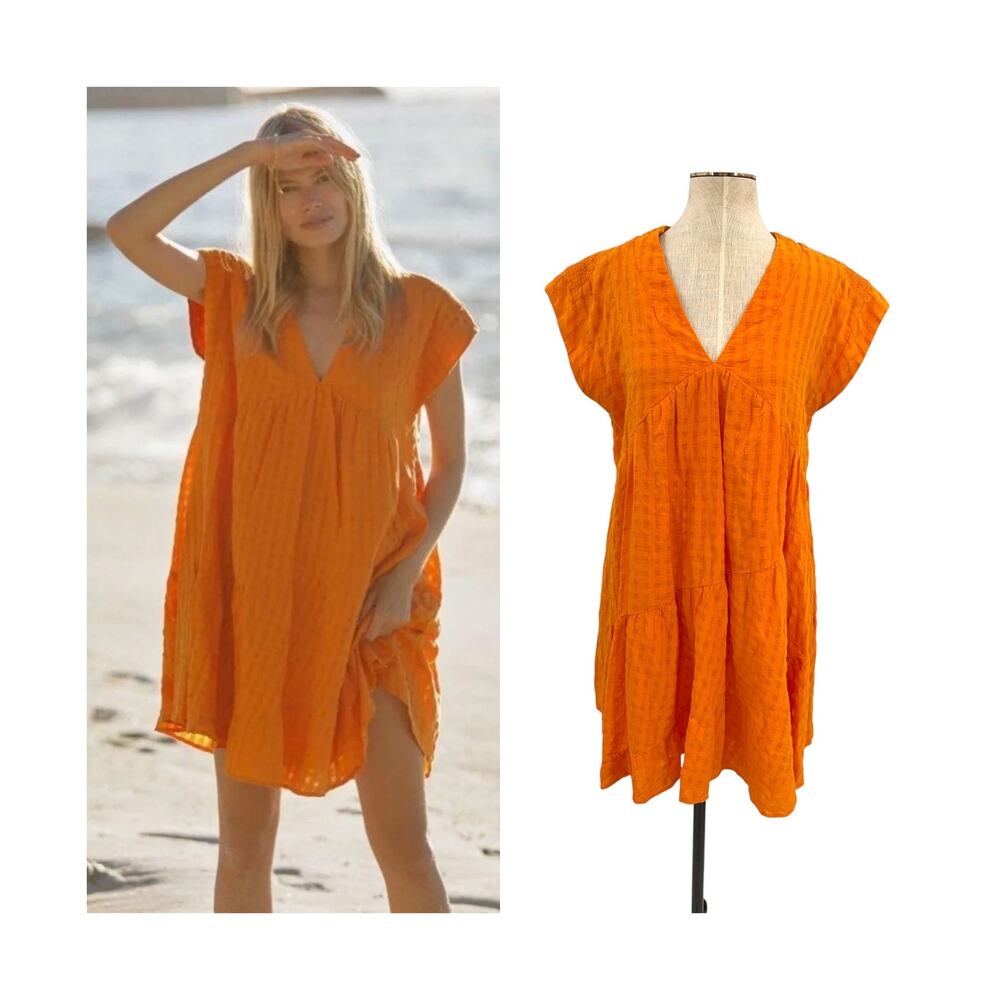 Anthropologie Maeve Juliet Tiered Tunic Dress Textured Orange‎ Cotton Small